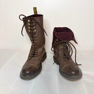 Dr. Martens Tall Lace-Up Boots Brown Leather Plaid Cuff Size UK 6 US M 7 EU 39